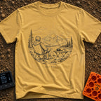 Auto Save In Progress - T-Shirt in Mustard - A black and white line drawing of a person sitting in a camp chair facing...