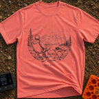 Auto Save In Progress - T-Shirt in Watermelon - A black and white line drawing of a person sitting in a camp chair facing...