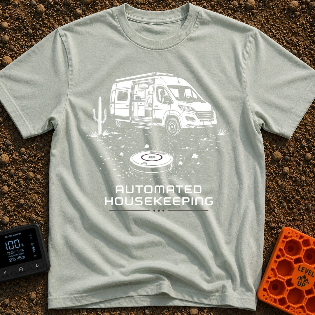 Vacuuming the Desert - T-Shirt in Bay - A black and white line drawing of a camper van parked next to a cactus in a...