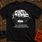 Vacuuming the Desert - T-Shirt in Black - A black and white line drawing of a camper van parked next to a cactus in a...