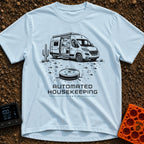 Vacuuming the Desert - T-Shirt in Chambray - A black and white line drawing of a camper van parked next to a cactus in a...