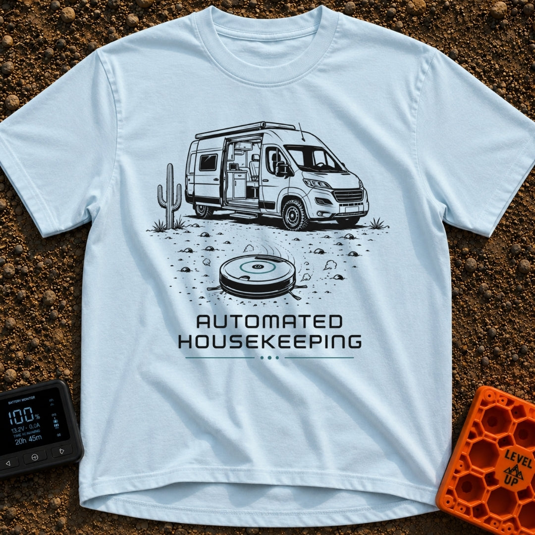 Vacuuming the Desert - T-Shirt in Chambray - A black and white line drawing of a camper van parked next to a cactus in a...