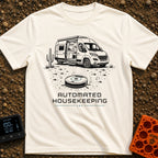 Vacuuming the Desert - T-Shirt in Ivory - A black and white line drawing of a camper van parked next to a cactus in a...