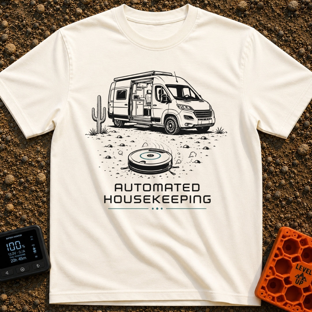 Vacuuming the Desert - T-Shirt in Ivory - A black and white line drawing of a camper van parked next to a cactus in a...