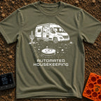 Vacuuming the Desert - T-Shirt in Moss - A black and white line drawing of a camper van parked next to a cactus in a...