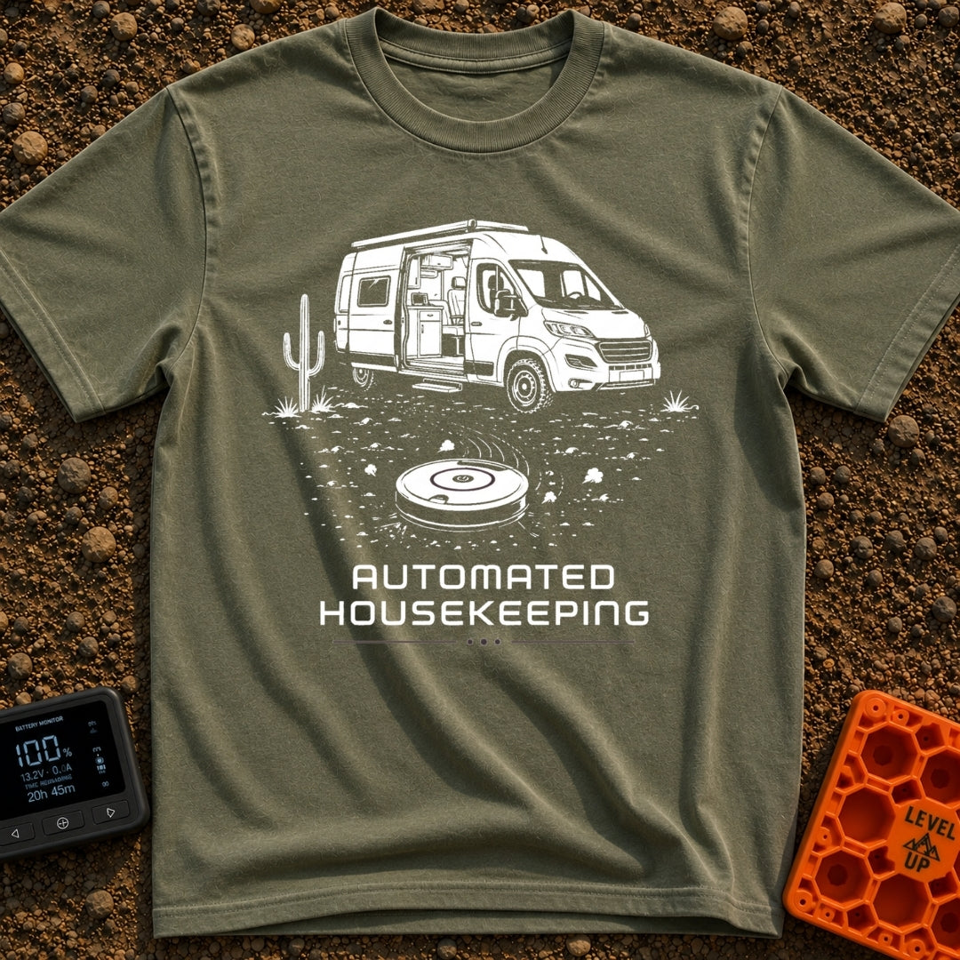 Vacuuming the Desert - T-Shirt in Moss - A black and white line drawing of a camper van parked next to a cactus in a...