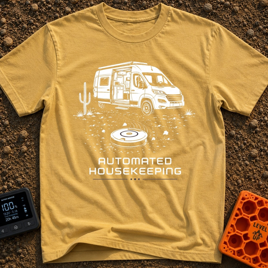 Vacuuming the Desert - T-Shirt in Mustard - A black and white line drawing of a camper van parked next to a cactus in a...