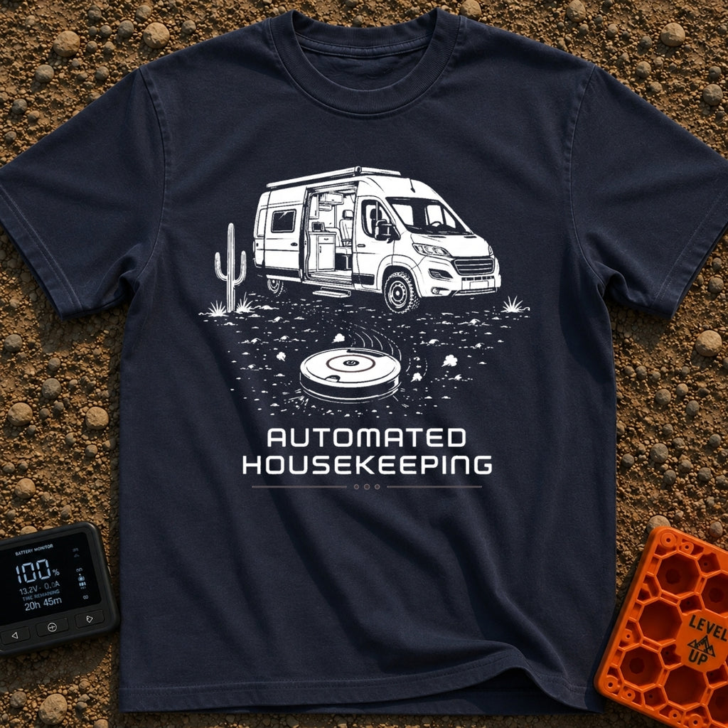 Vacuuming the Desert - T-Shirt in Navy - A black and white line drawing of a camper van parked next to a cactus in a...