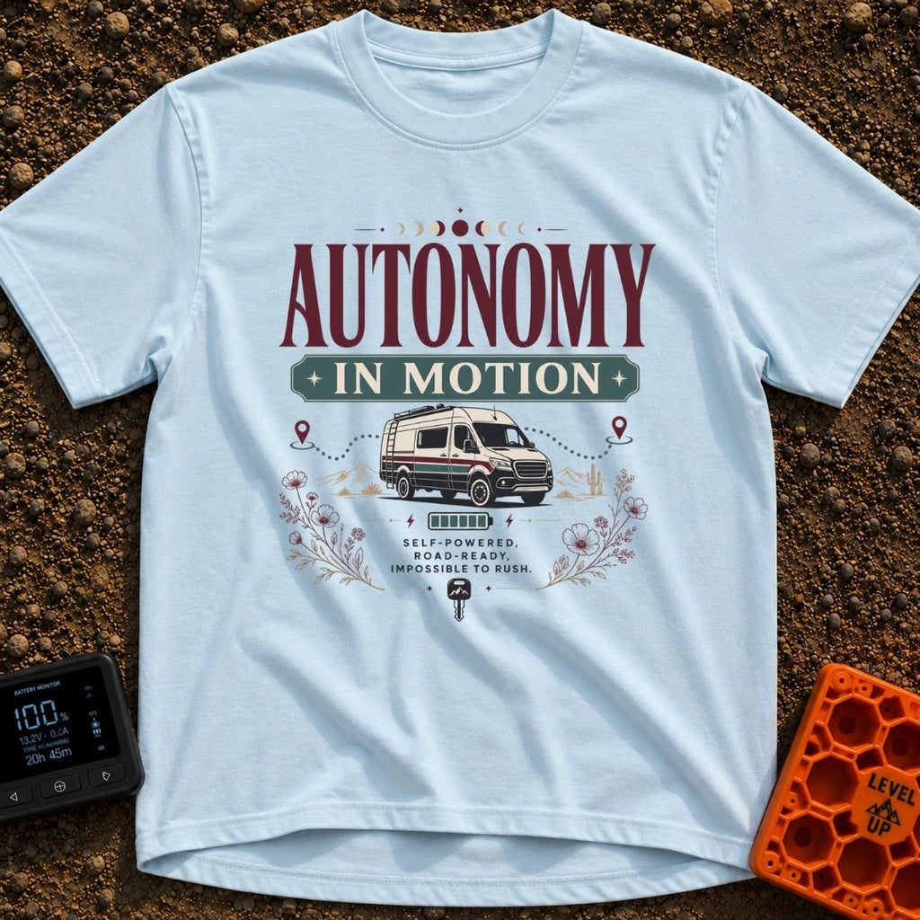 Autonomy In Motion - T-Shirt in Chambray - A vintage-style illustration of a camper van driving through a desert...