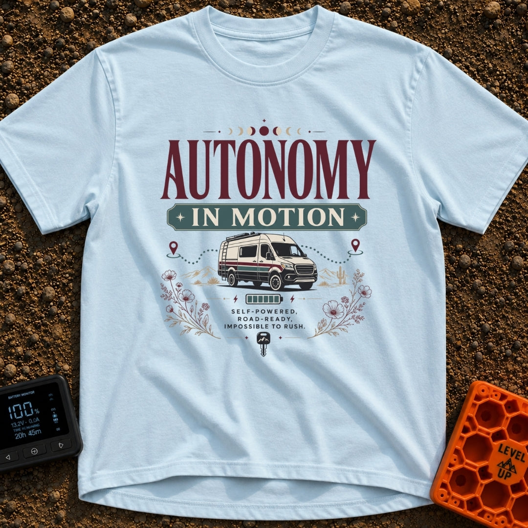 Autonomy In Motion - T-Shirt in Chambray - A vintage-style illustration of a camper van driving through a desert...