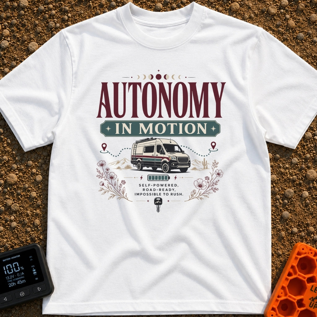 Autonomy In Motion - T-Shirt in White - A vintage-style illustration of a camper van driving through a desert landscape...