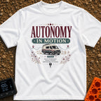 Autonomy In Motion - T-Shirt in White - A vintage-style illustration of a camper van driving through a desert landscape...