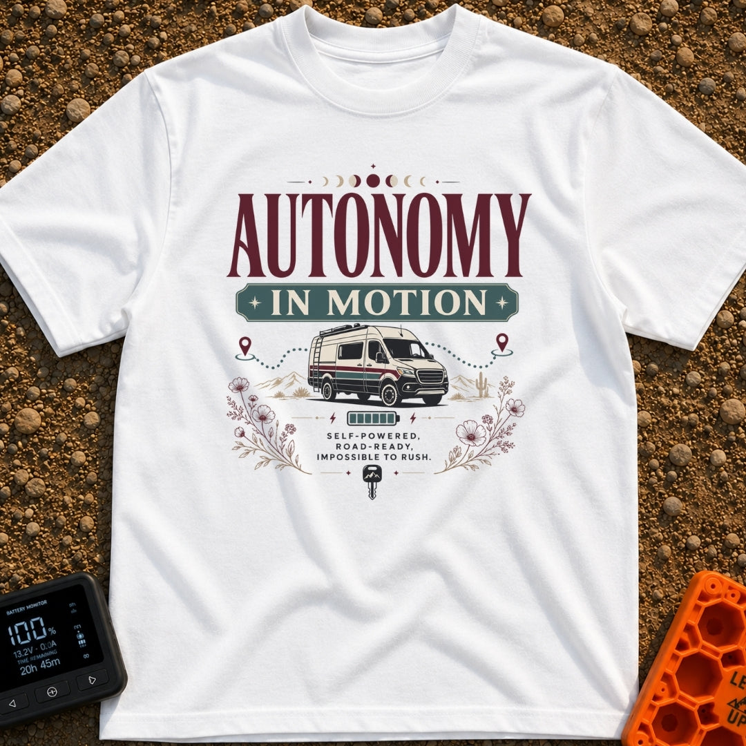 Autonomy In Motion - T-Shirt in White - A vintage-style illustration of a camper van driving through a desert landscape...