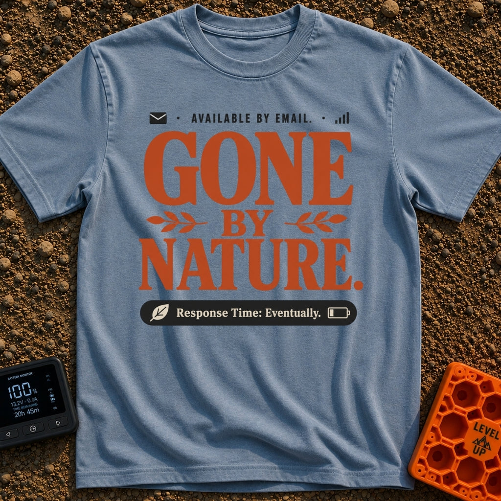 Email's Off Grid - T-Shirt in Blue Jean - A typographic design featuring the text "AVAILABLE BY EMAIL." next to envelope...