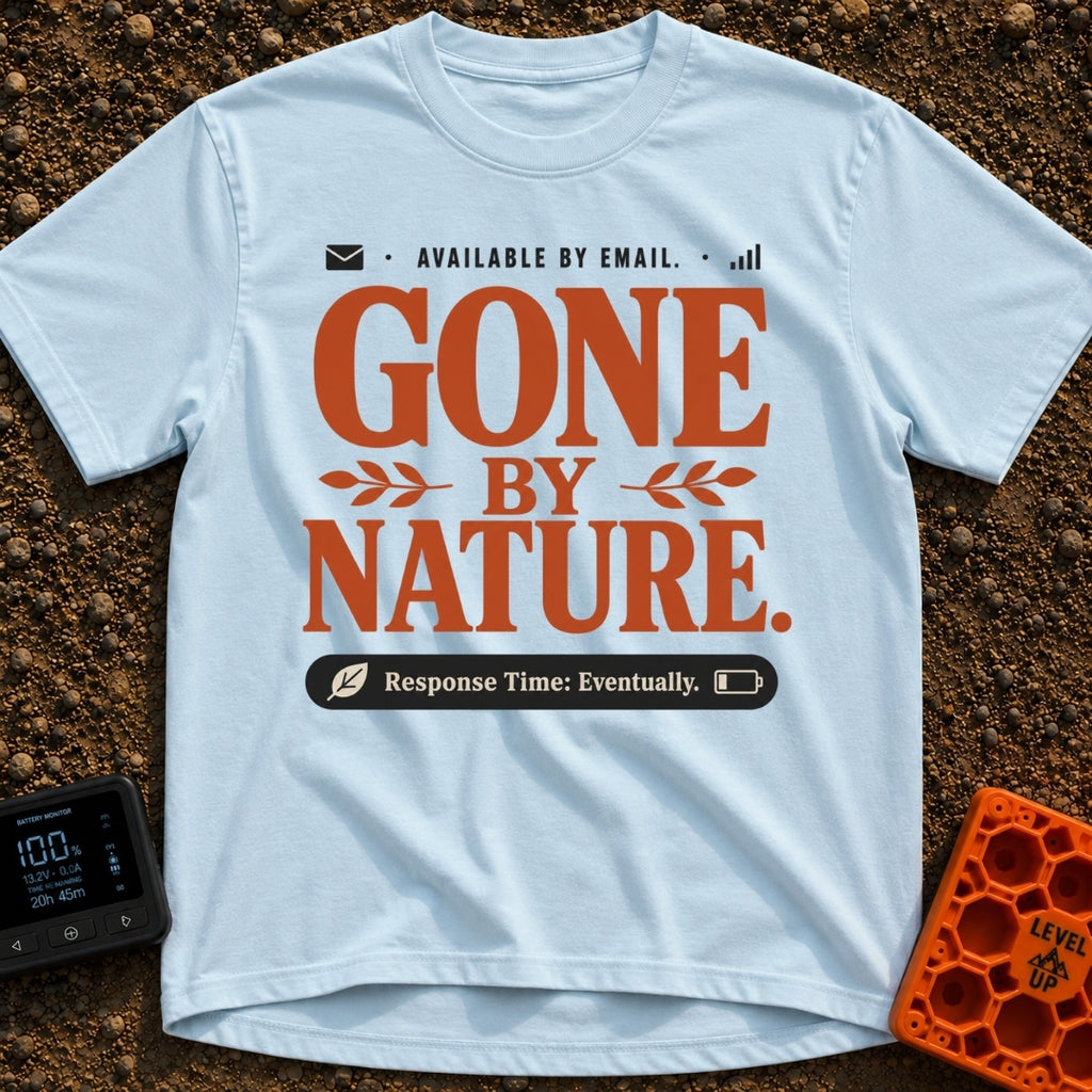 Email's Off Grid - T-Shirt in Chambray - A typographic design featuring the text "AVAILABLE BY EMAIL." next to envelope...