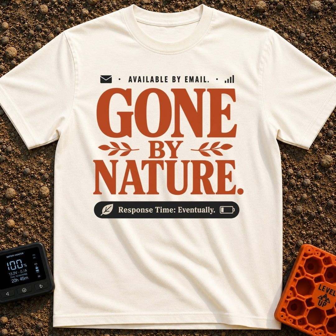 Email's Off Grid - T-Shirt in Ivory - A typographic design featuring the text "AVAILABLE BY EMAIL." next to envelope and...