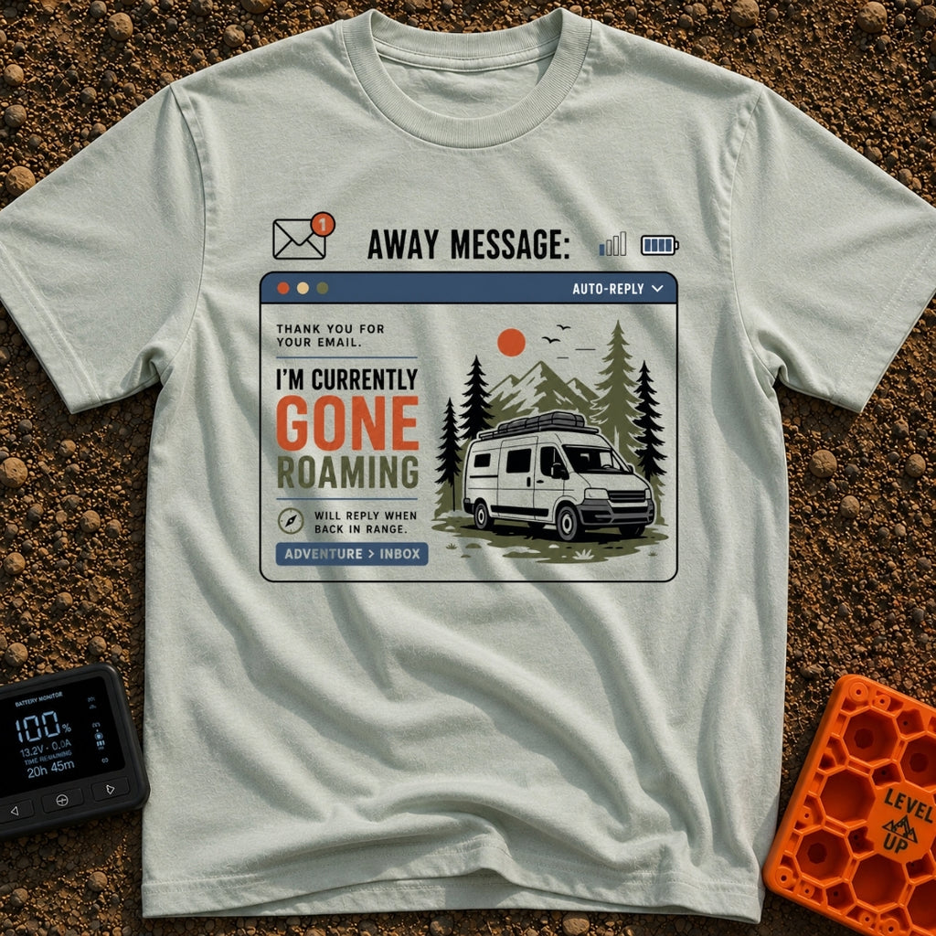 Currently Gone Roaming - T-Shirt in Bay - A digital window graphic depicting an email auto-reply with the text "I'M...