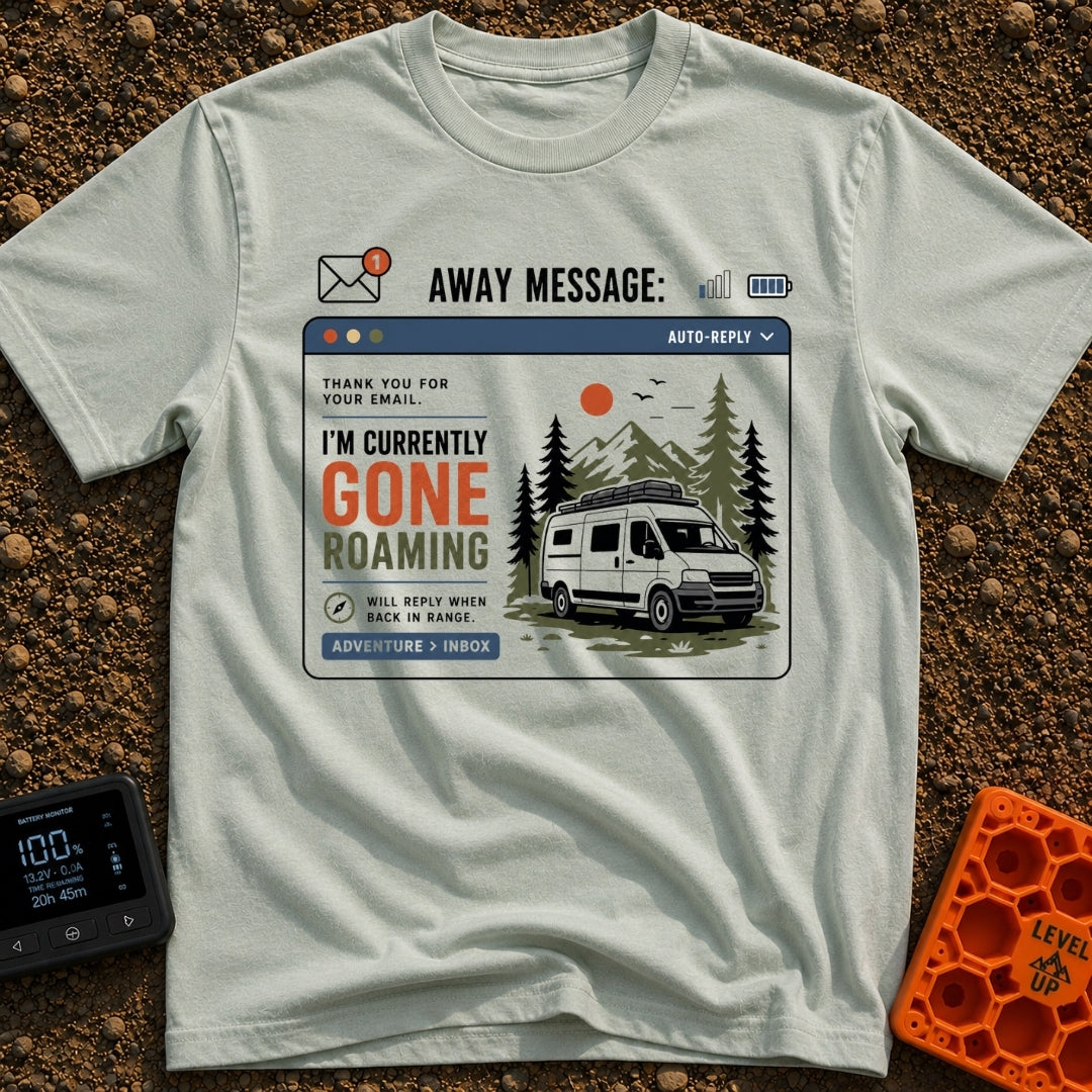 Currently Gone Roaming - T-Shirt in Bay - A digital window graphic depicting an email auto-reply with the text "I'M...