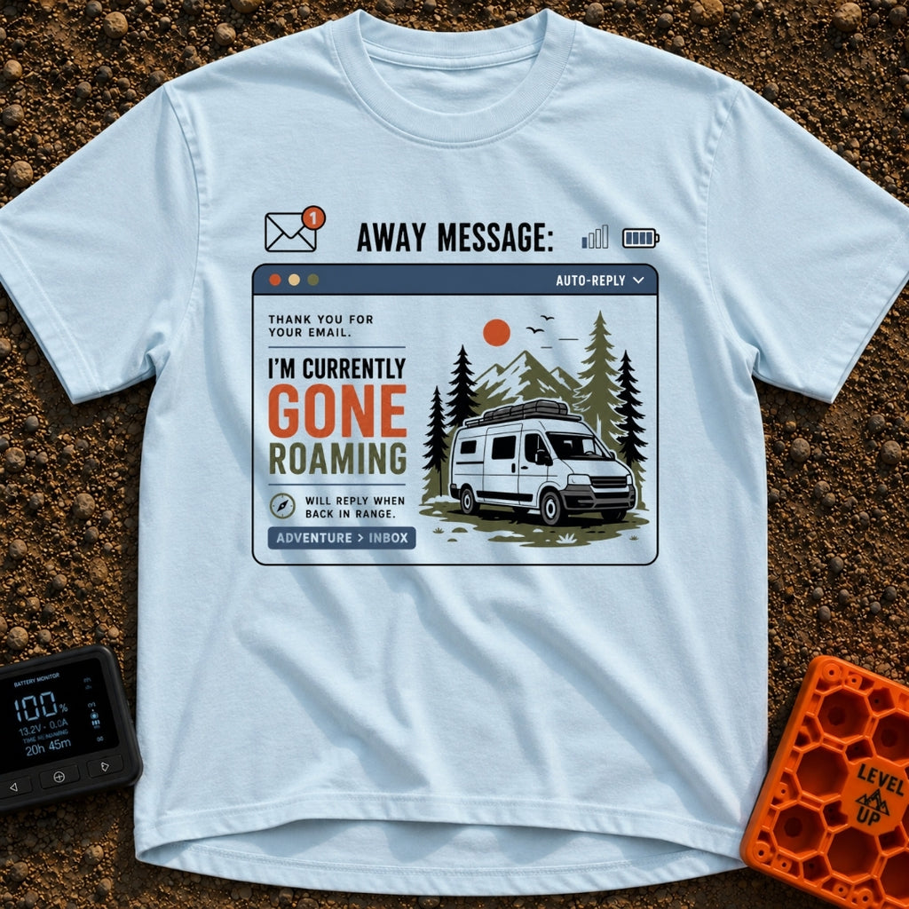 Currently Gone Roaming - T-Shirt in Chambray - A digital window graphic depicting an email auto-reply with the text "I'M...