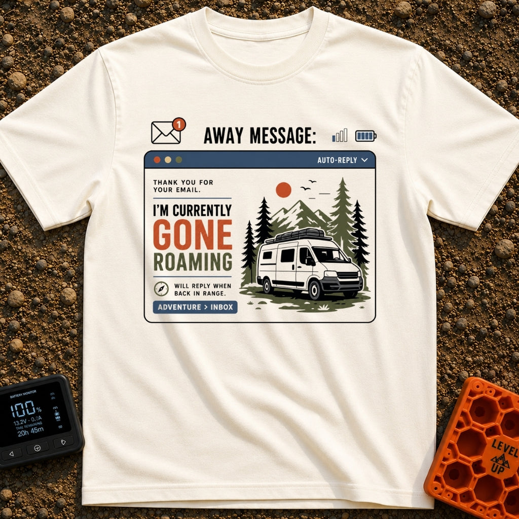 Currently Gone Roaming - T-Shirt in Ivory - A digital window graphic depicting an email auto-reply with the text "I'M...