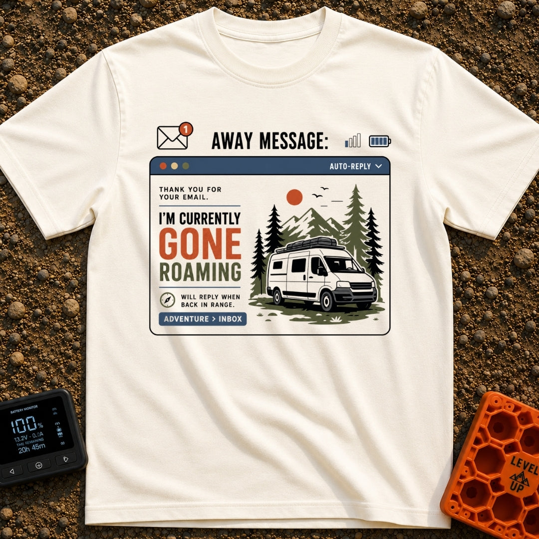 Currently Gone Roaming - T-Shirt in Ivory - A digital window graphic depicting an email auto-reply with the text "I'M...