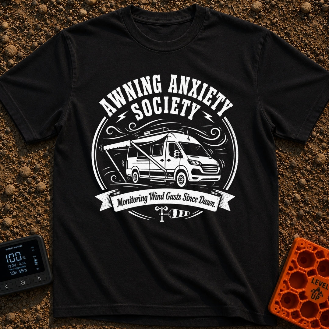 Awning Anxiety Club - T-Shirt in Black - A black and white illustration of a camper van with its side awning extended,...