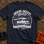 Awning Anxiety Club - T-Shirt in Navy - A black and white illustration of a camper van with its side awning extended,...
