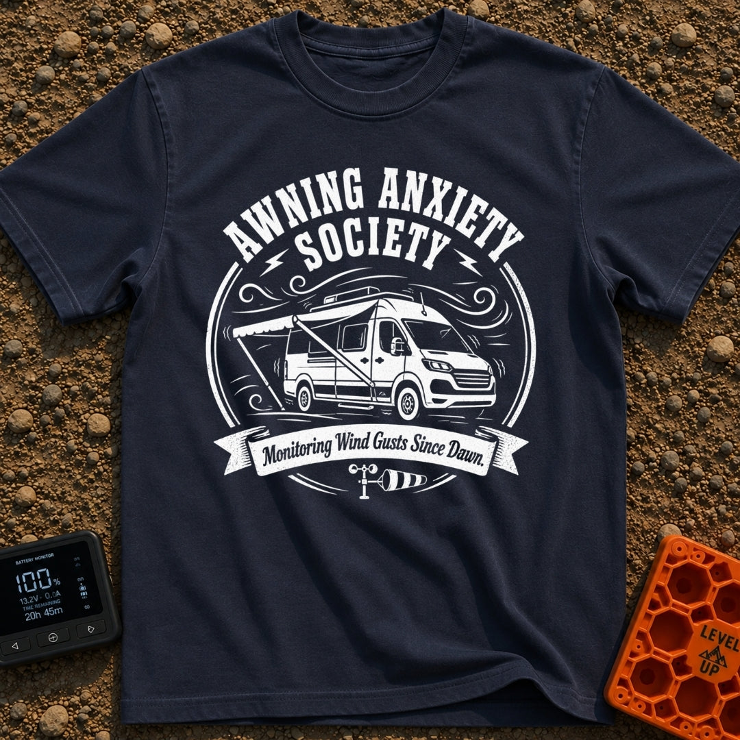 Awning Anxiety Club - T-Shirt in Navy - A black and white illustration of a camper van with its side awning extended,...