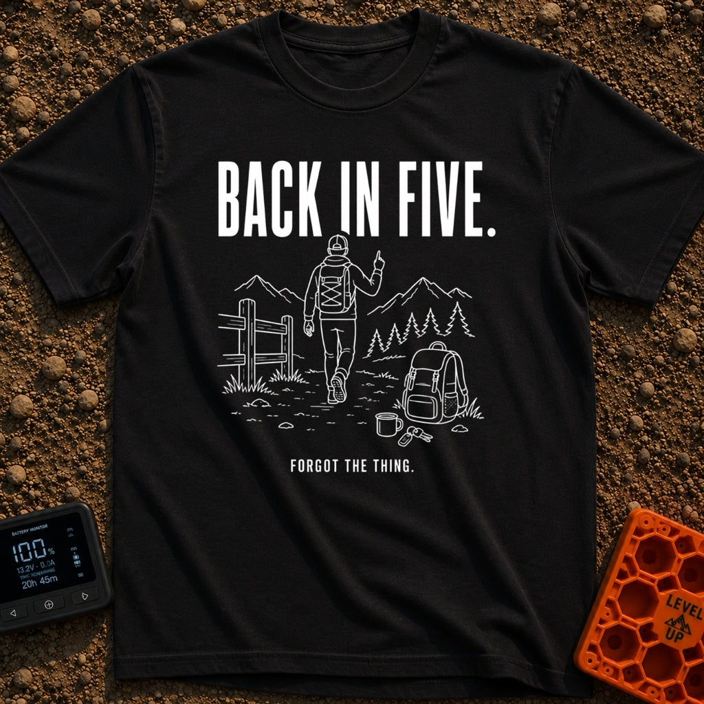 Back In Five Years - T-Shirt in Black - White line art on a black background showing a hiker with a backpack walking away...