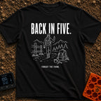 Back In Five Years - T-Shirt in Black - White line art on a black background showing a hiker with a backpack walking away...