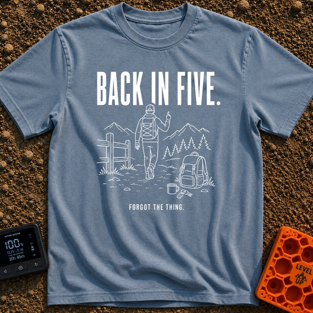 Back In Five Years - T-Shirt in Blue Jean - White line art on a black background showing a hiker with a backpack walking...