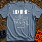 Back In Five Years - T-Shirt in Blue Jean - White line art on a black background showing a hiker with a backpack walking...