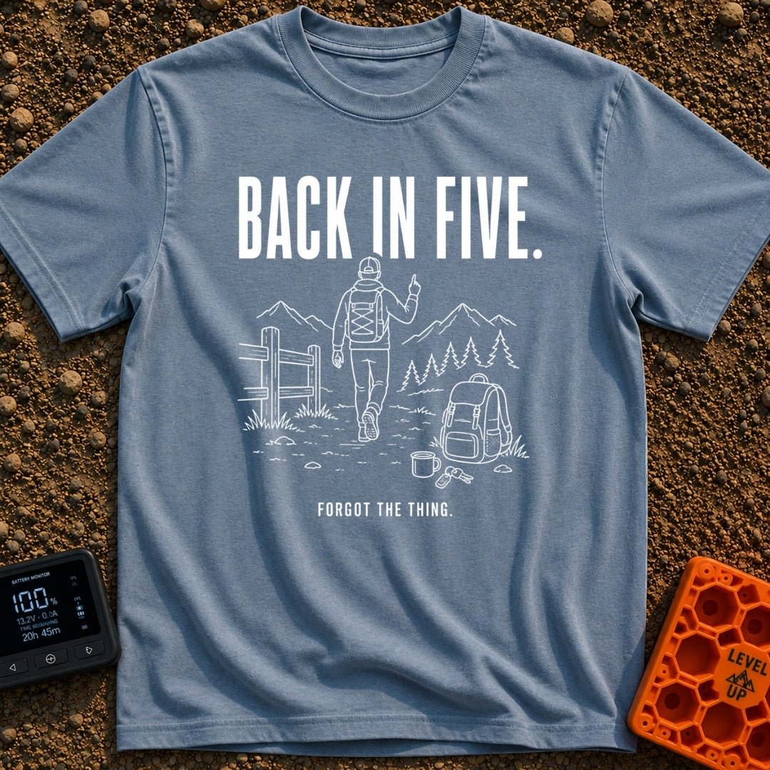 Back In Five Years - T-Shirt in Blue Jean - White line art on a black background showing a hiker with a backpack walking...