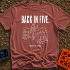 Back In Five Years - T-Shirt in Brick - White line art on a black background showing a hiker with a backpack walking away...