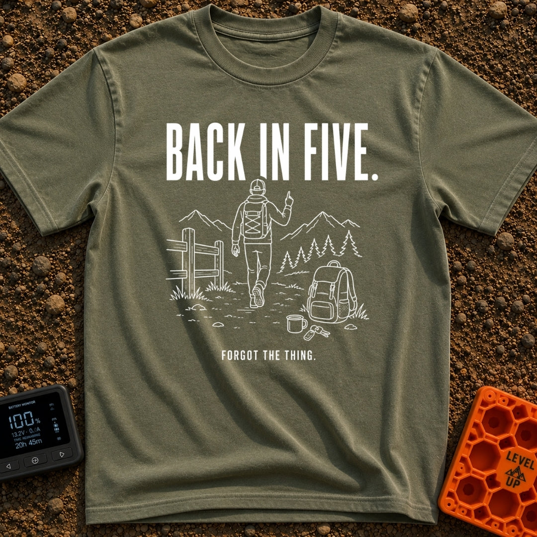 Back In Five Years - T-Shirt in Moss - White line art on a black background showing a hiker with a backpack walking away...