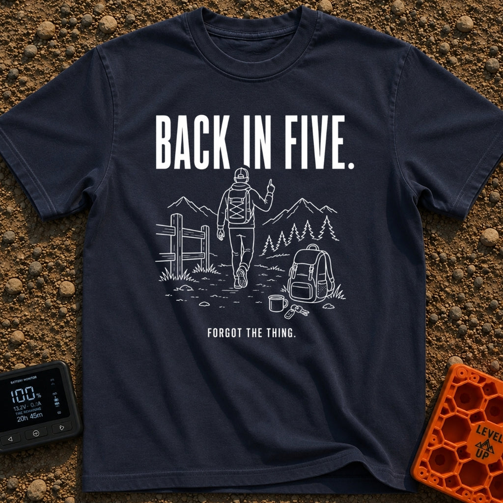 Back In Five Years - T-Shirt in Navy - White line art on a black background showing a hiker with a backpack walking away...