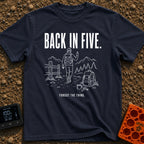 Back In Five Years - T-Shirt in Navy - White line art on a black background showing a hiker with a backpack walking away...