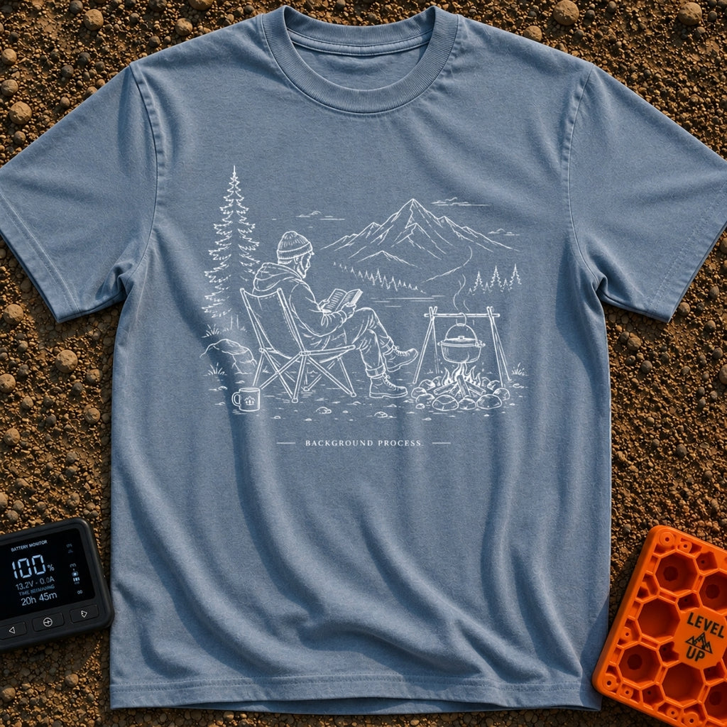 Running In The Background - T-Shirt in Blue Jean - A line-art illustration of a man wearing a beanie sitting in a camp...