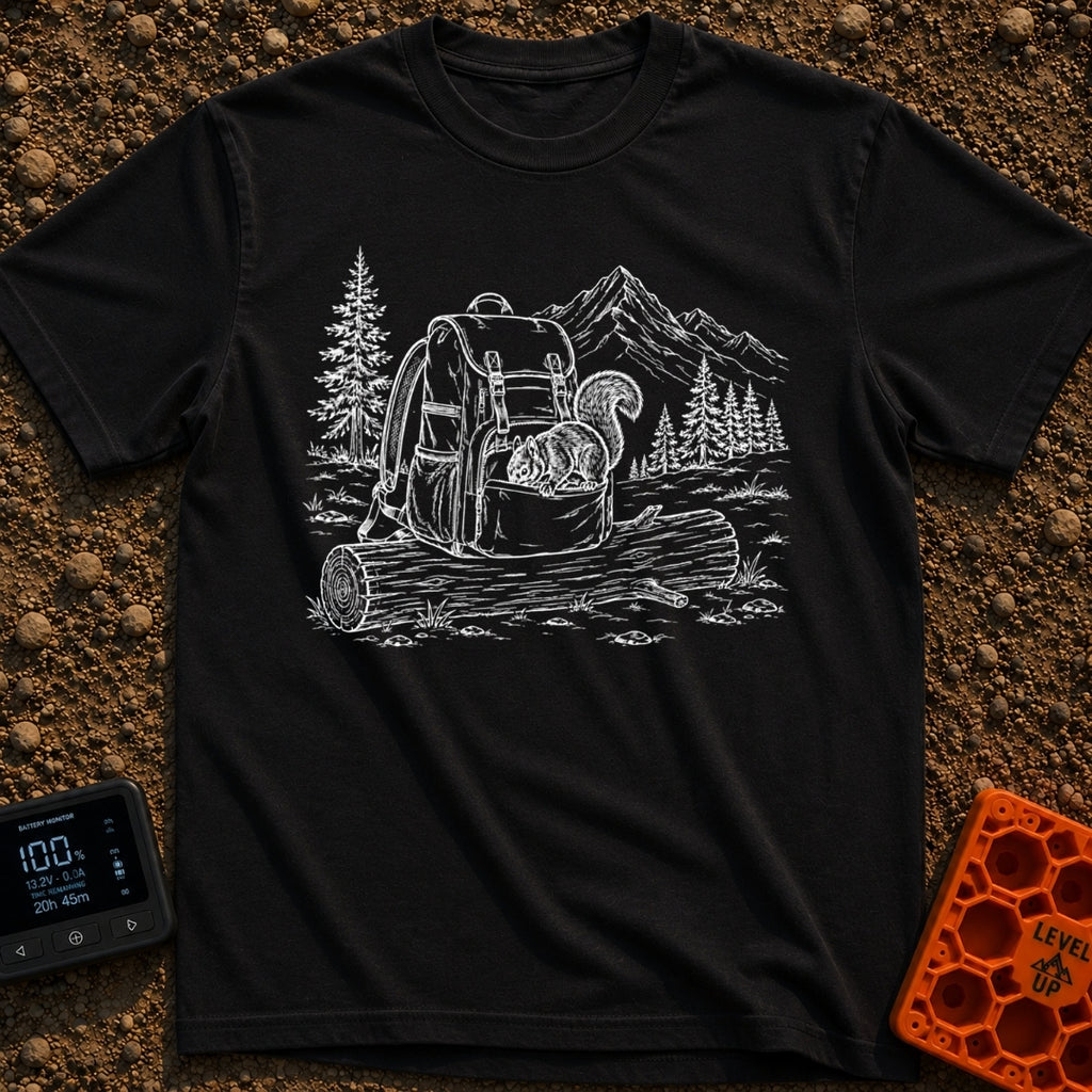 Trail Mix Bandit - T-Shirt in Black - A faint line drawing of a squirrel looking into an open pocket of a hiking backpack...