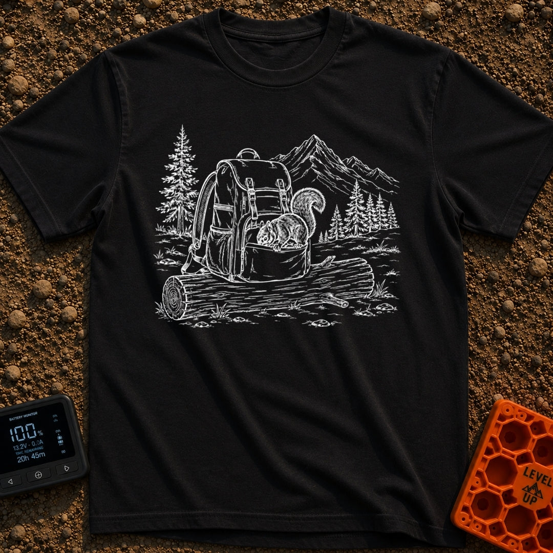 Trail Mix Bandit - T-Shirt in Black - A faint line drawing of a squirrel looking into an open pocket of a hiking backpack...