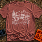 Trail Mix Bandit - T-Shirt in Brick - A faint line drawing of a squirrel looking into an open pocket of a hiking backpack...