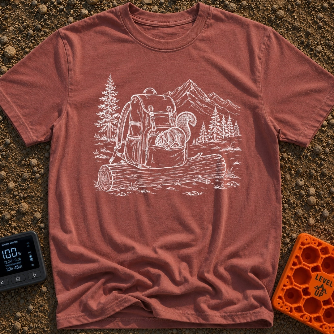 Trail Mix Bandit - T-Shirt in Brick - A faint line drawing of a squirrel looking into an open pocket of a hiking backpack...