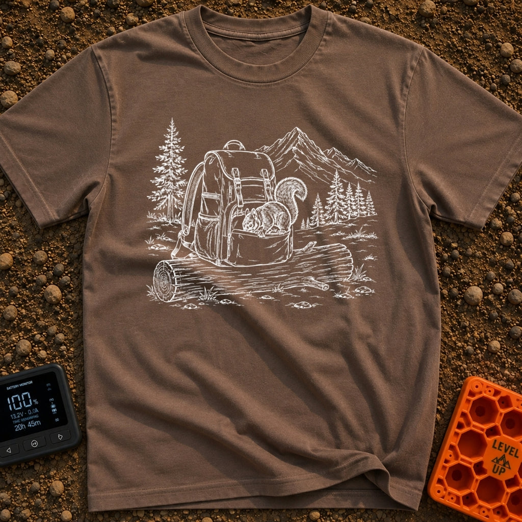 Trail Mix Bandit - T-Shirt in Espresso - A faint line drawing of a squirrel looking into an open pocket of a hiking...