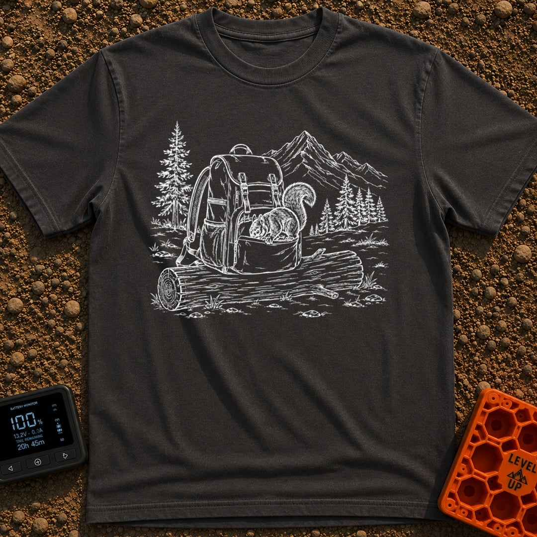 Trail Mix Bandit - T-Shirt in Graphite - A faint line drawing of a squirrel looking into an open pocket of a hiking...