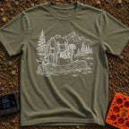 Trail Mix Bandit - T-Shirt in Moss - A faint line drawing of a squirrel looking into an open pocket of a hiking backpack...