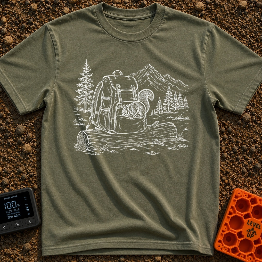 Trail Mix Bandit - T-Shirt in Moss - A faint line drawing of a squirrel looking into an open pocket of a hiking backpack...
