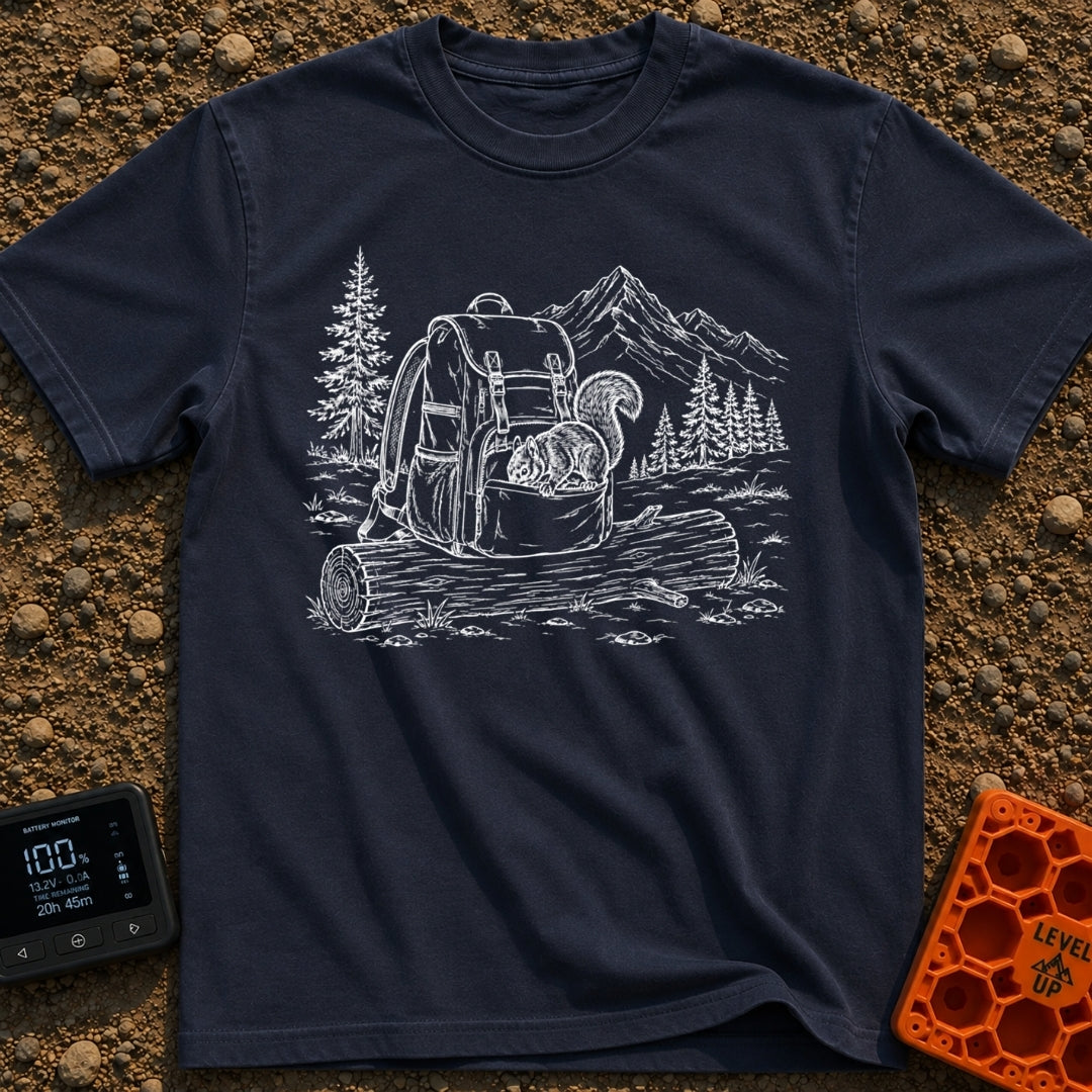 Trail Mix Bandit - T-Shirt in Navy - A faint line drawing of a squirrel looking into an open pocket of a hiking backpack...