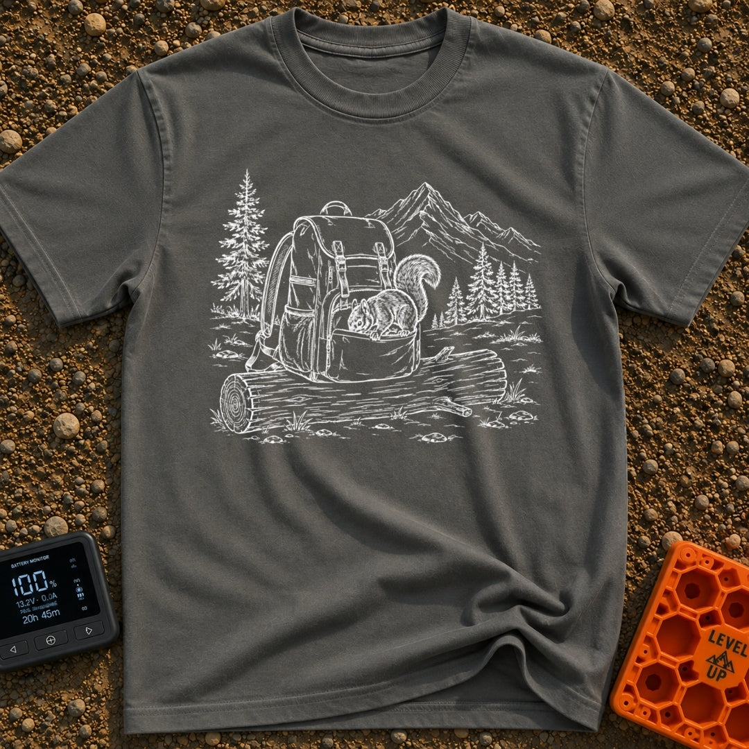 Trail Mix Bandit - T-Shirt in Pepper - A faint line drawing of a squirrel looking into an open pocket of a hiking...