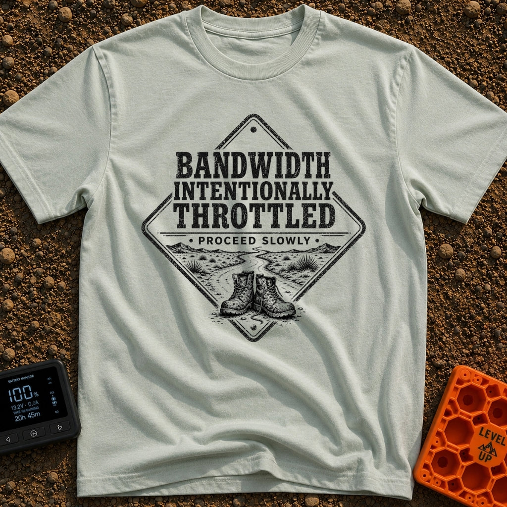 Bandwidth Throttled By Nature - T-Shirt in Bay - A diamond-shaped, distressed black-and-white graphic featuring the text...
