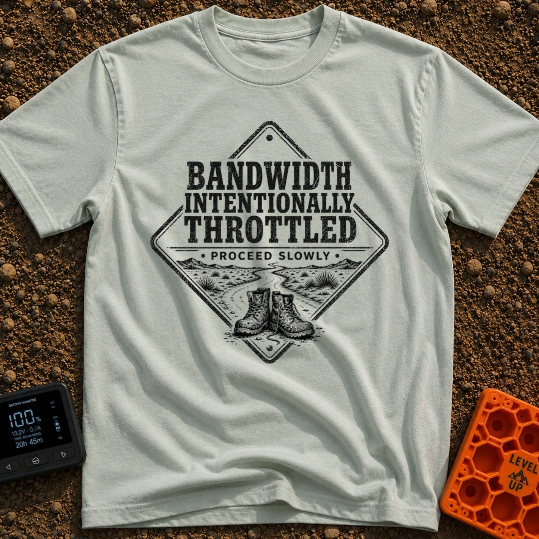 Bandwidth Throttled By Nature - T-Shirt in Bay - A diamond-shaped, distressed black-and-white graphic featuring the text...